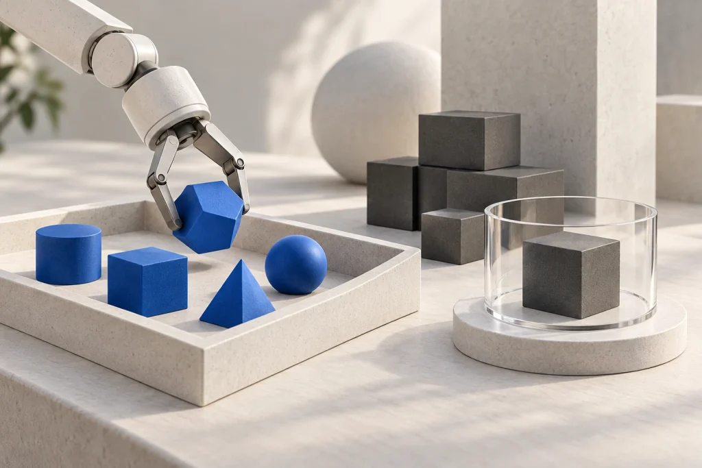A robotic gripper selects blank blue tools while a glass ring frames a gray block, illustrating agent tool choice, state and verification.