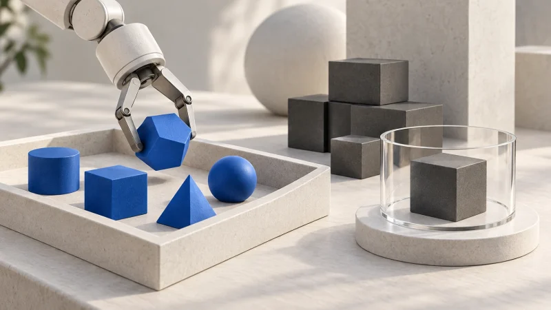 A robotic gripper selects blank blue tools while a glass ring frames a gray block, illustrating agent tool choice, state and verification.