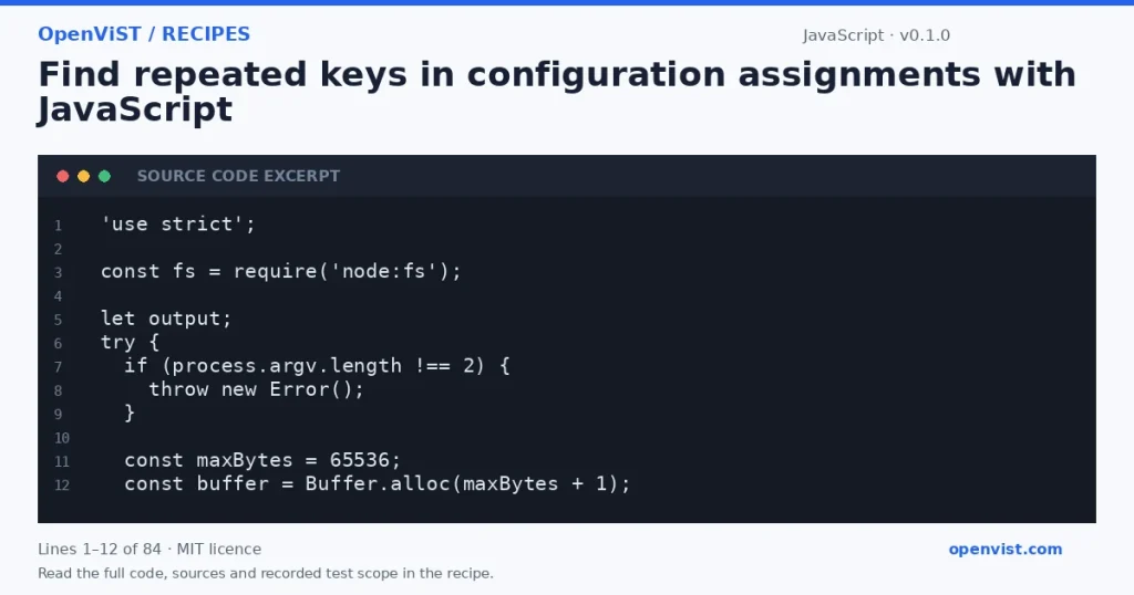 JavaScript code excerpt: Find repeated keys in configuration assignments with JavaScript. Version 0.1.0. Read the full recipe for code, sources and recorded test scope.