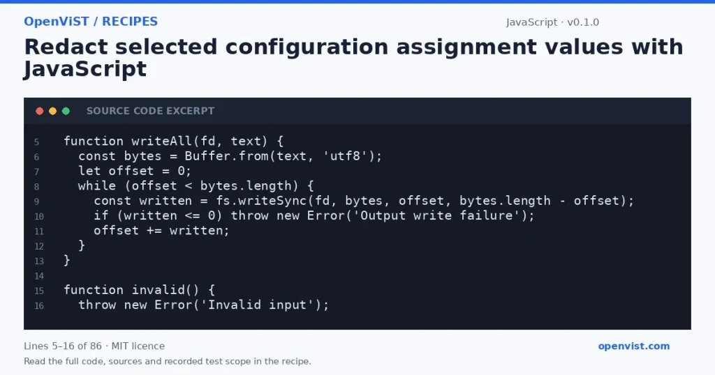 JavaScript code excerpt: Redact selected configuration assignment values with JavaScript. Version 0.1.0. Read the full recipe for code, sources and recorded test scope.