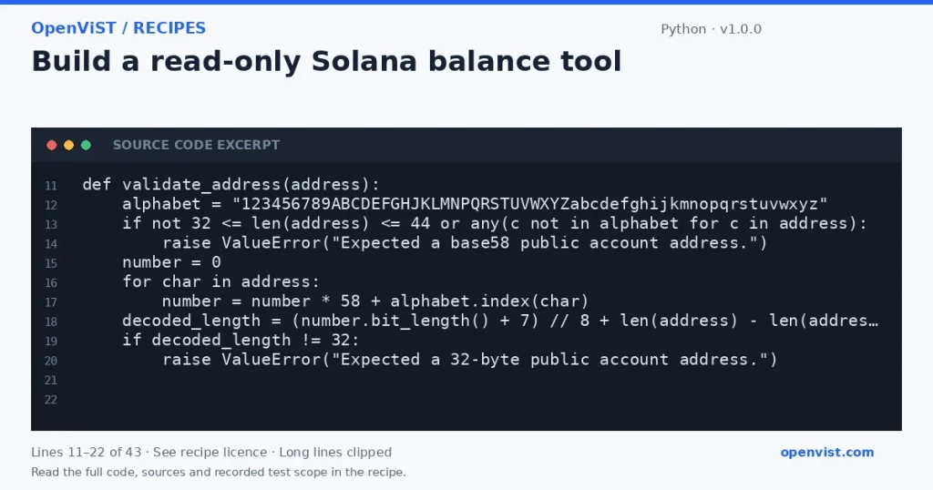 Python code excerpt: Build a read-only Solana balance tool. Version 1.0.0. Read the full recipe for code, sources and recorded test scope.