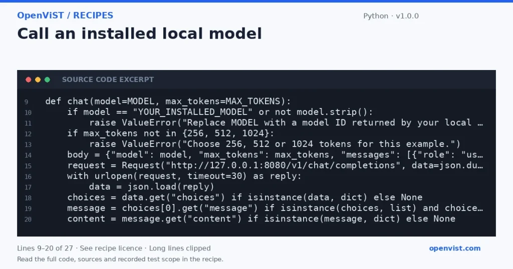 Python code excerpt: Call an installed local model. Version 1.0.0. Read the full recipe for code, sources and recorded test scope.