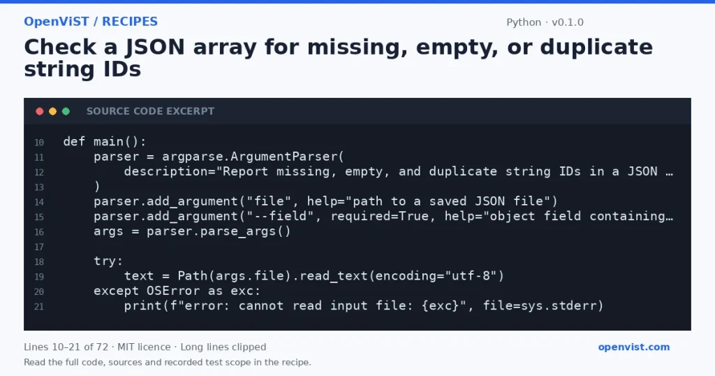 Python code excerpt: Check a JSON array for missing, empty, or duplicate string IDs. Version 0.1.0. Read the full recipe for code, sources and recorded test scope.