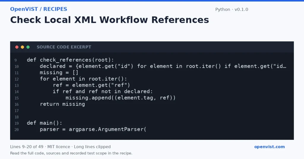 Python code excerpt: Check Local XML Workflow References. Version 0.1.0. Read the full recipe for code, sources and recorded test scope.
