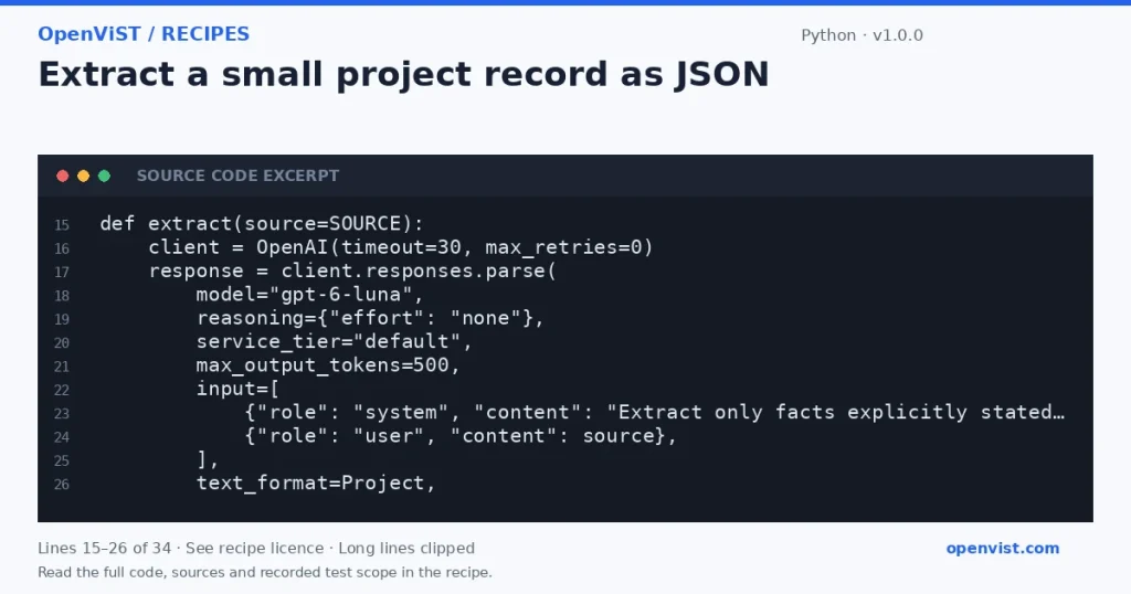 Python code excerpt: Extract a small project record as JSON. Version 1.0.0. Read the full recipe for code, sources and recorded test scope.