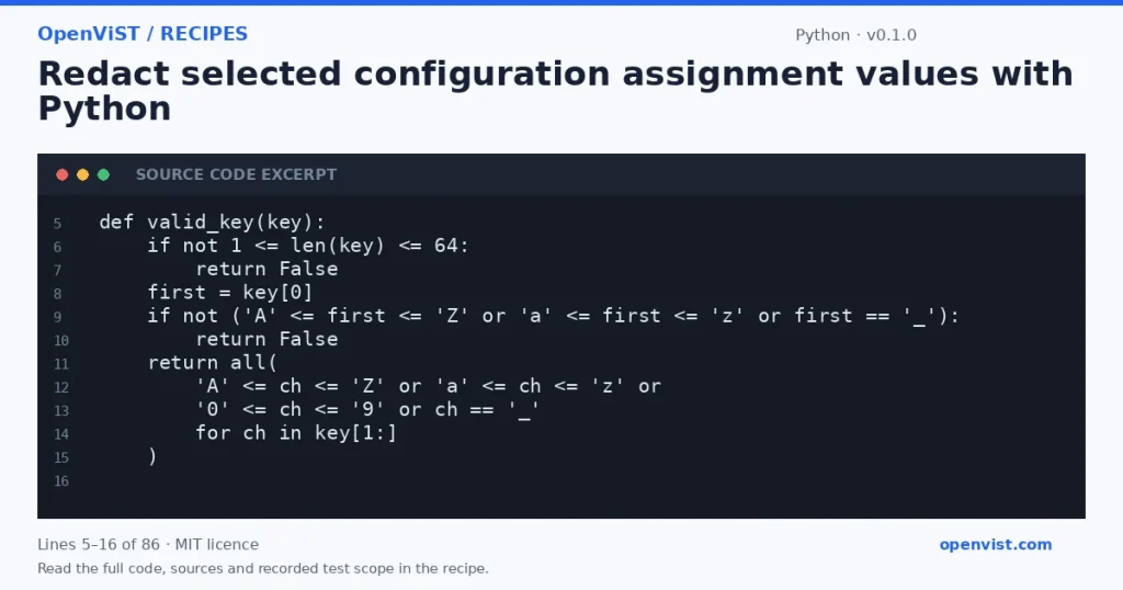 Python code excerpt: Redact selected configuration assignment values with Python. Version 0.1.0. Read the full recipe for code, sources and recorded test scope.