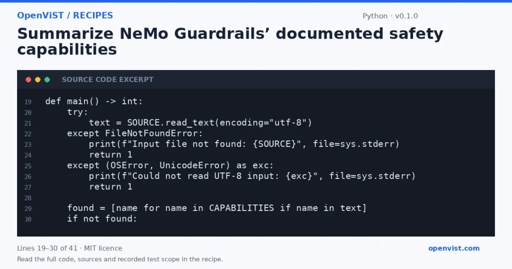 Python code excerpt: Summarize NeMo Guardrails’ documented safety capabilities. Version 0.1.0. Read the full recipe for code, sources and recorded test scope.