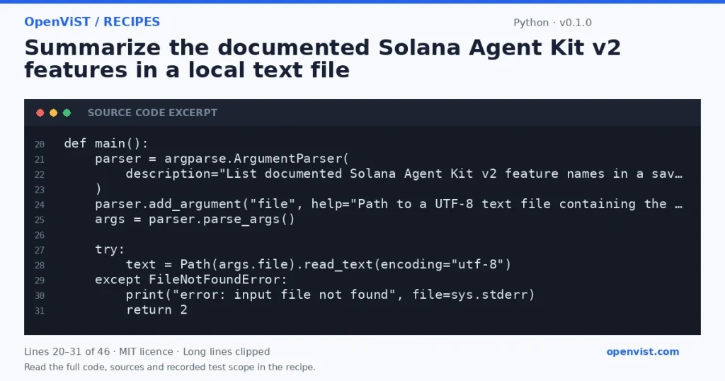 Python code excerpt: Summarize the documented Solana Agent Kit v2 features in a local text file. Version 0.1.0. Read the full recipe for code, sources and recorded test scope.
