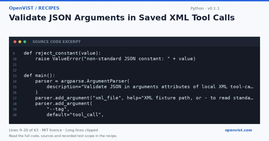 Python code excerpt: Validate JSON Arguments in Saved XML Tool Calls. Version 0.1.1. Read the full recipe for code, sources and recorded test scope.