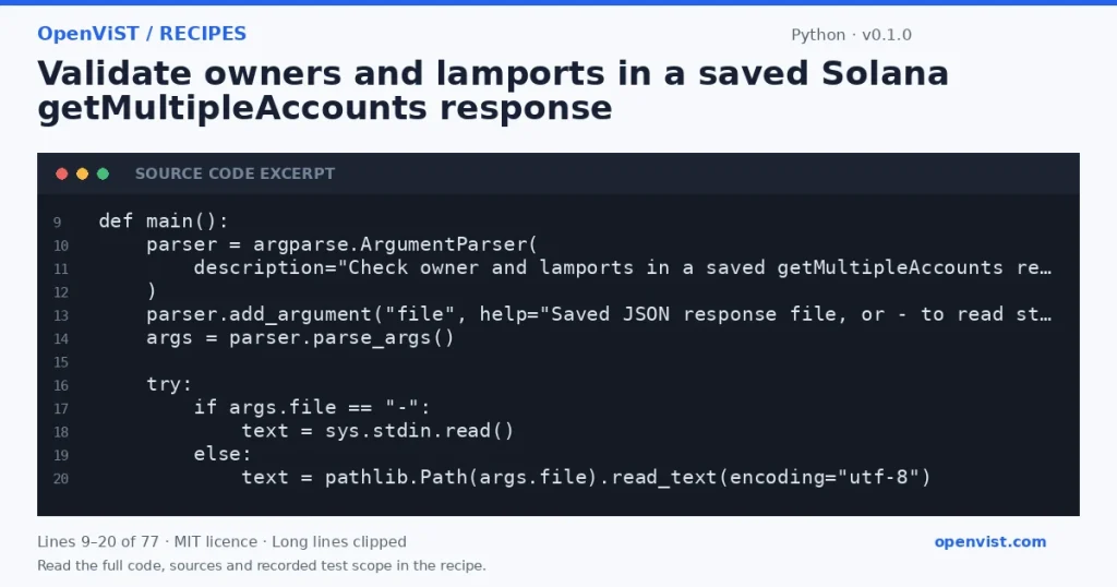 Python code excerpt: Validate owners and lamports in a saved Solana getMultipleAccounts response. Version 0.1.0. Read the full recipe for code, sources and recorded test scope.