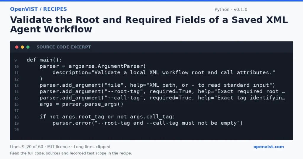 Python code excerpt: Validate the Root and Required Fields of a Saved XML Agent Workflow. Version 0.1.0. Read the full recipe for code, sources and recorded test scope.