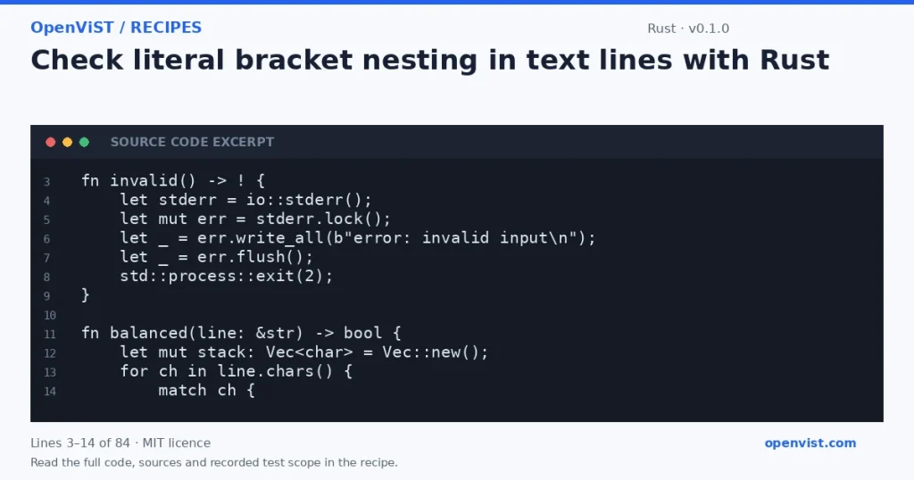 Rust code excerpt: Check literal bracket nesting in text lines with Rust. Version 0.1.0. Read the full recipe for code, sources and recorded test scope.