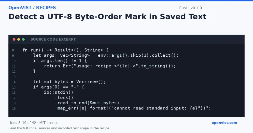 Rust code excerpt: Detect a UTF-8 Byte-Order Mark in Saved Text. Version 0.1.0. Read the full recipe for code, sources and recorded test scope.