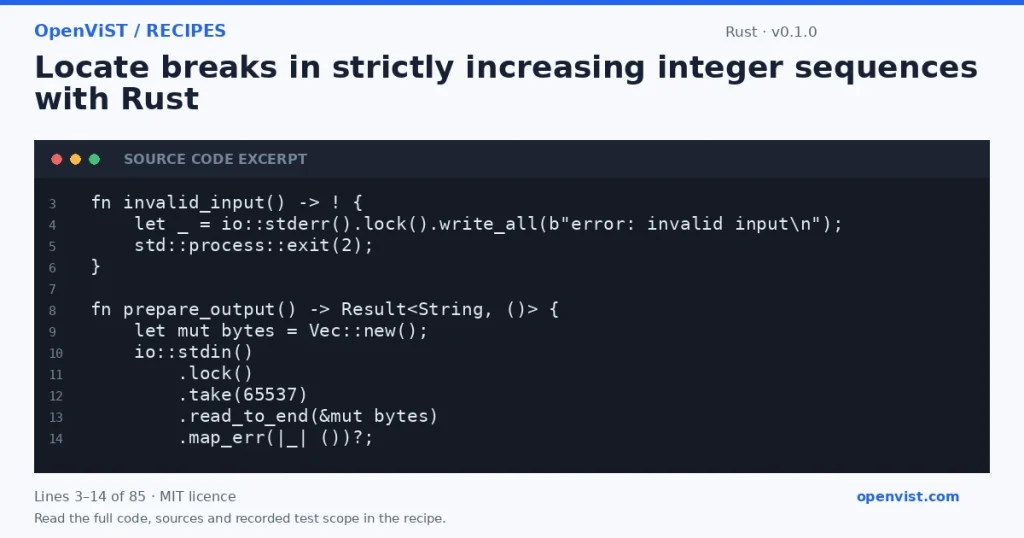 Rust code excerpt: Locate breaks in strictly increasing integer sequences with Rust. Version 0.1.0. Read the full recipe for code, sources and recorded test scope.