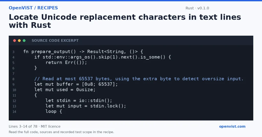 Rust code excerpt: Locate Unicode replacement characters in text lines with Rust. Version 0.1.0. Read the full recipe for code, sources and recorded test scope.